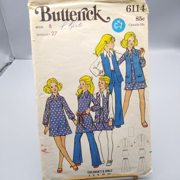 Vintage Sewing PATTERN Butterick 6114, Childrens and Girls 1970 Blouse or Dress - Picture 1 of 2